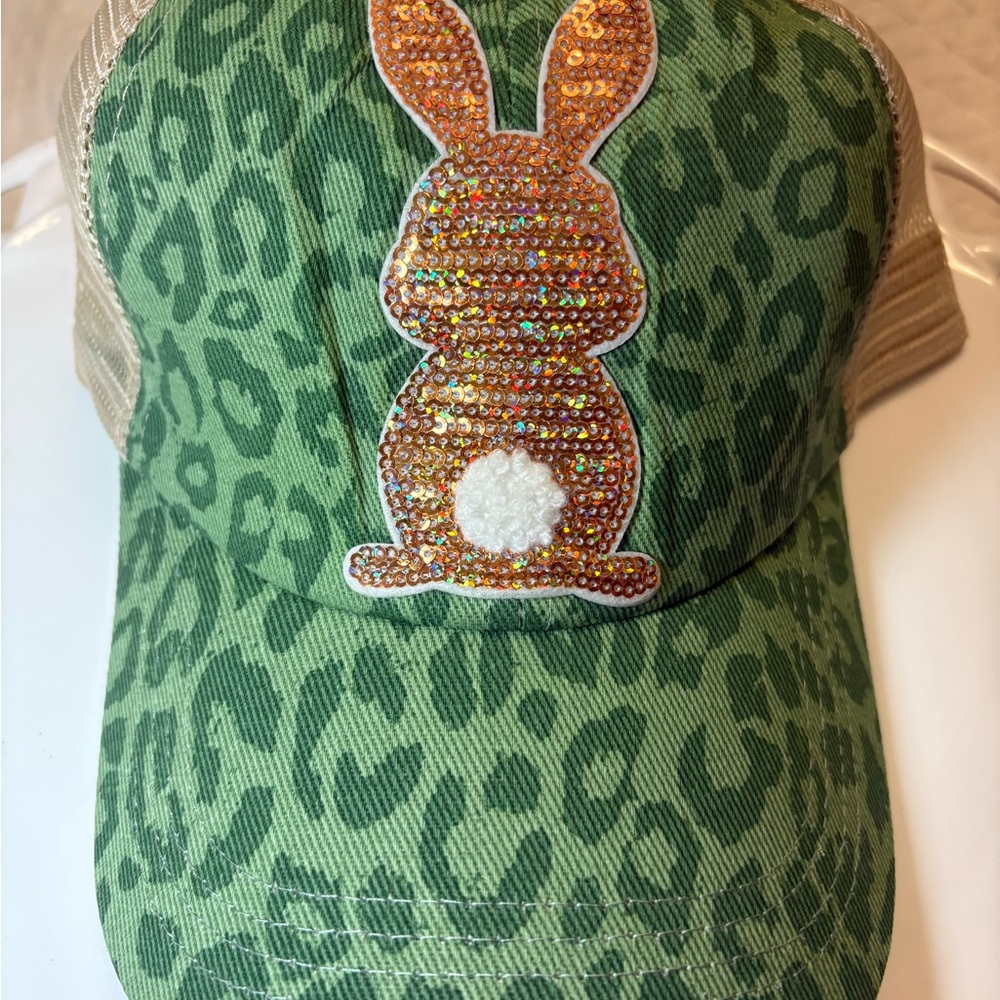 Green Leopard Print Cap with Sequin Bunny